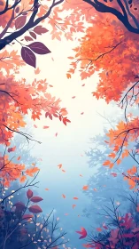 Autumn Canopy Looking Skyward with Falling Leaves.