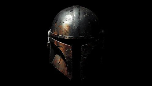 Weathered sci-fi helmet glowing softly in deep shadow.