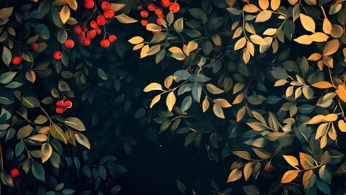 Autumnal berry branches overlay dense nocturnal foliage field