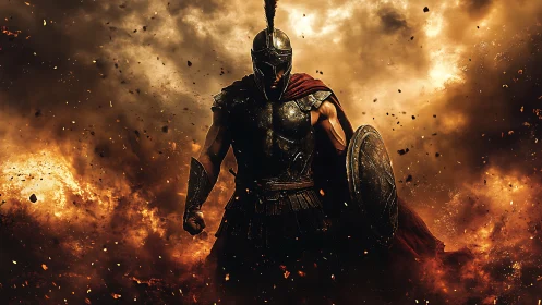 Warrior in blazing armor walking through storm of embers.