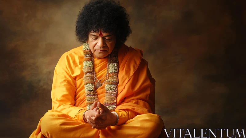 Meditating spiritual guru in saffron robes, soft studio light.