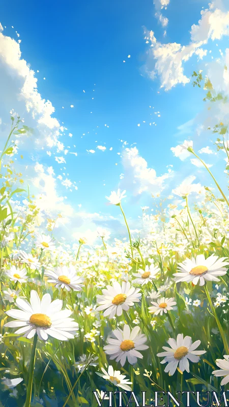 Aerial-lit chamomile meadow under volumetric spring sky.