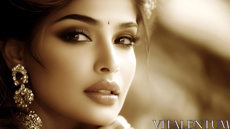Sepia portrait of elegant woman with jeweled adornments.