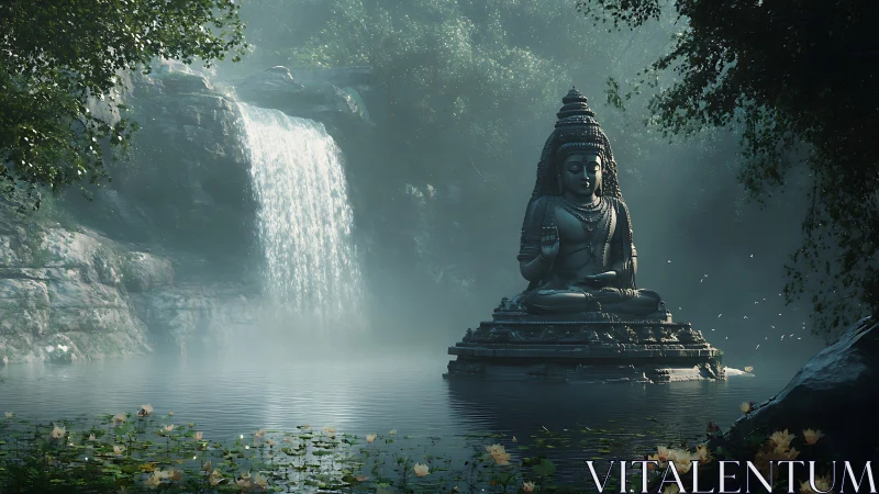Serene stone Buddha before misted waterfall in forest basin.