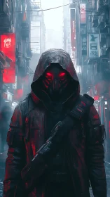 Hooded cybernetic enforcer stands in neon fog alleyway