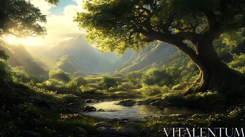 Alpine Valley Dawn: Luminous Landscape Through Ancient Forest.