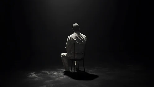 Solitary man sits under narrow spotlight in dark void