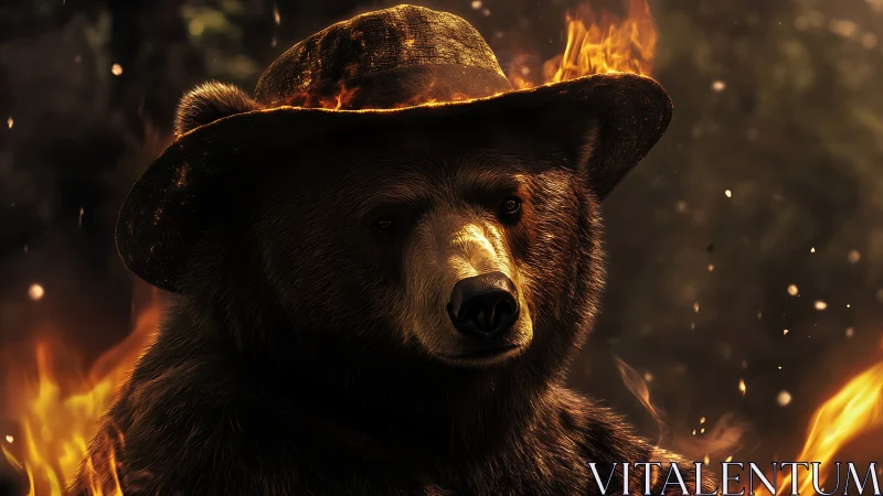 Majestic bear in a burning forest stares through rising flames