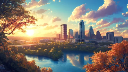 Golden hour city skyline glows above a tranquil riverside