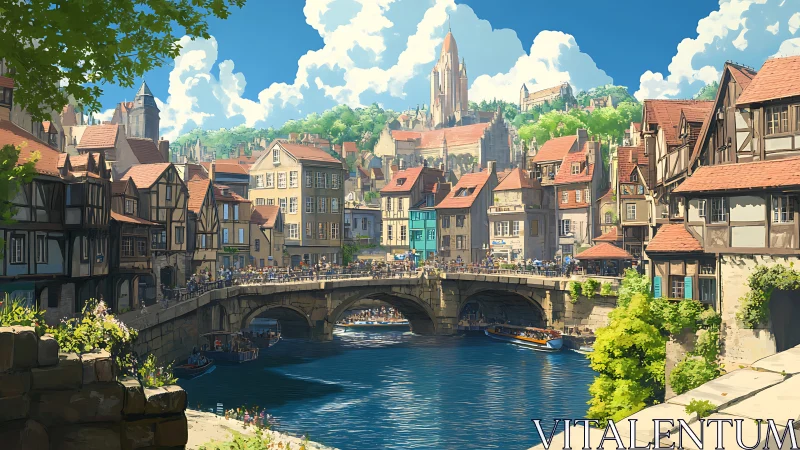 Medieval riverside cityscape with stone bridge and timber houses