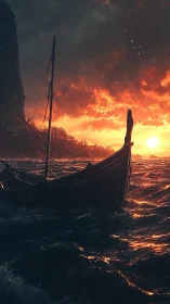 Storm-lit longship under turbulent sunset wave dynamics.