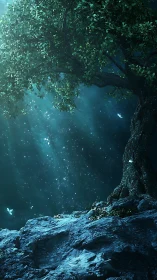Moonlit enchanted tree above glowing rocky ledge at night.