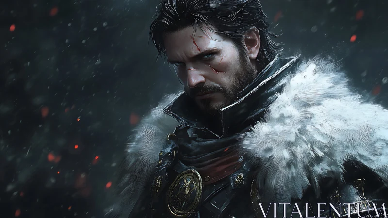 Scarred winter warlord broods beneath drifting embers.