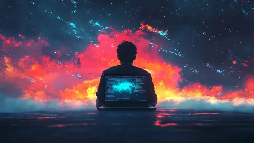 Lone coder before cosmic firestorm sky, neon-lit horizon.