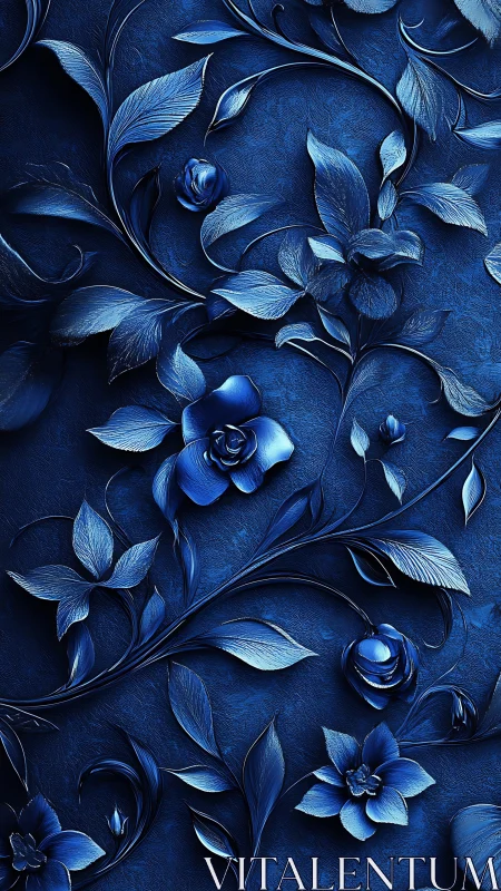Deep Blue Floral Relief with Sculptural Dimensional Forms