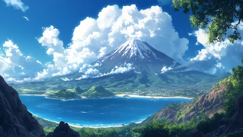 Snowcapped coastal volcano rises above luminous blue bay.