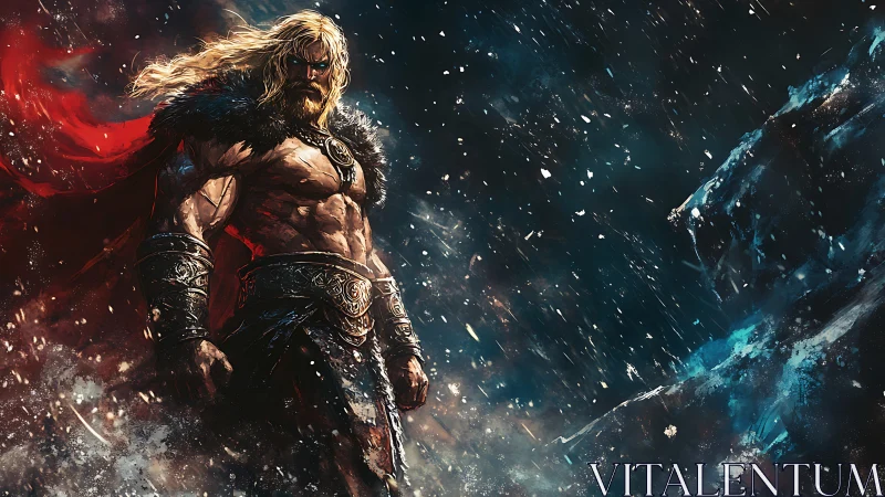 Mythic warrior strides through storm of icy chaos.