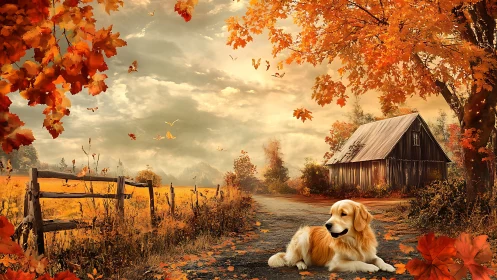 Golden retriever resting on rural autumn lane near timber barn