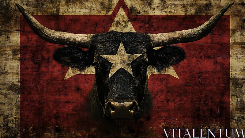 Longhorn bull head against worn red star flag background.