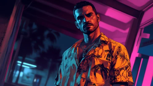 Neon-lit man in tropical shirt under moody cyber glow.