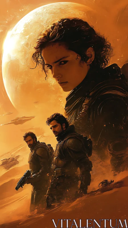 Warriors stand on burning desert world under looming planet