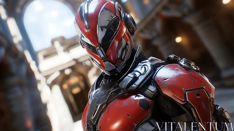 Armored red sci fi hero stands poised in sunlit ruins