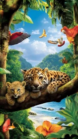 Tiger and Leopard Cub in Tropical Rainforest Canopy with Flying Parrots