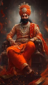 Regal Indian ruler seated on ornate throne in orange robes.
