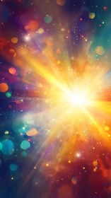 Radiant central light burst with multicolored abstract bokeh.