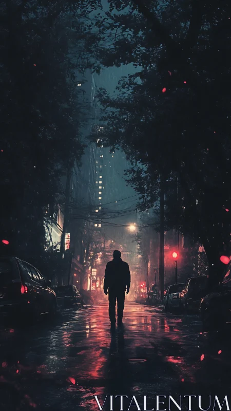 Lone silhouette on wet neon city street at night.