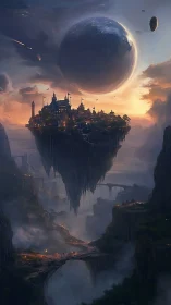 Suspended cliff city beneath large celestial sphere at dusk.