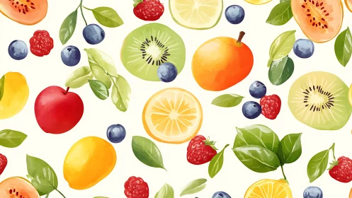 Watercolor citrus and berry pattern with bright organic leaves.