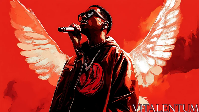 Winged mic slinger blazing through a crimson soundstorm.