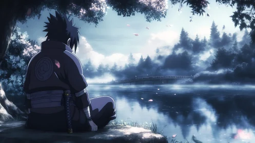 Quiet warrior gazes over a misty lakeside bridge at dusk