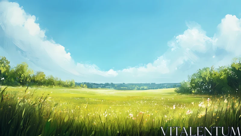 Atmospheric perspective study of sunlit meadow under cumulus sky.