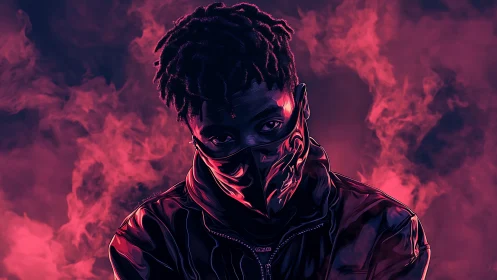 Masked cyber-noir portrait glows in neon magenta haze