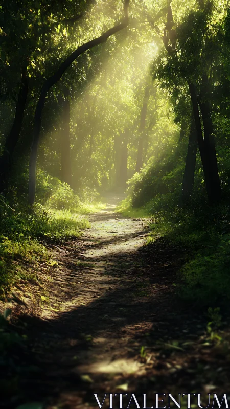 Forest Pathway with Golden Sunlight Through Canopy.