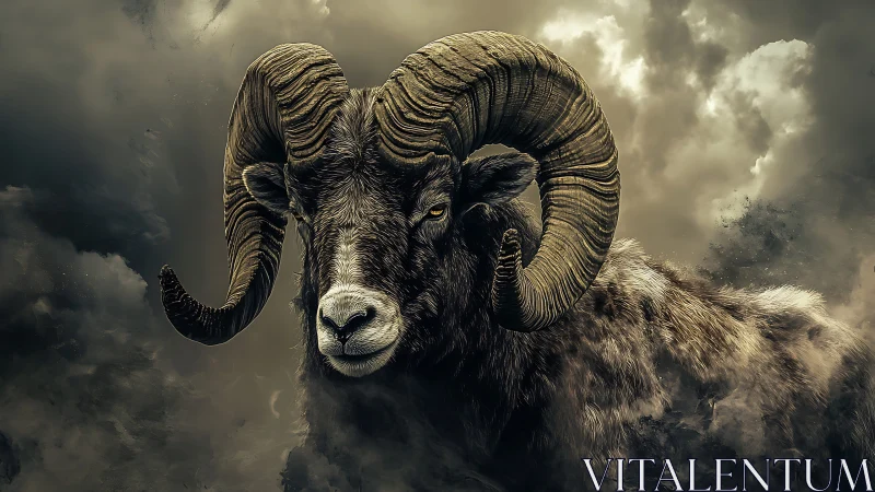 Powerful ram portrait against dark storm clouds.
