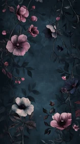 Pink and White Blooms Against Deep Teal. Botanical Digital Composition.