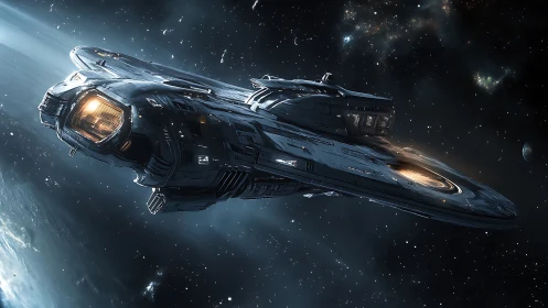 Large metallic starship in deep space with visible details.