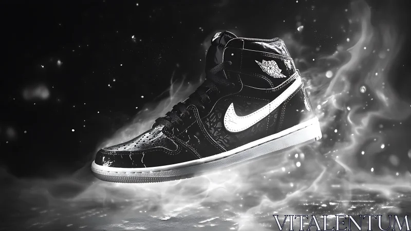 Black high-top sneaker amid swirling smokey glow.