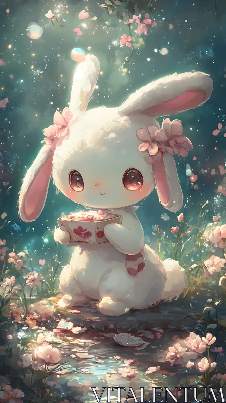Sweet bunny under starlit blossoms sharing cozy magic.