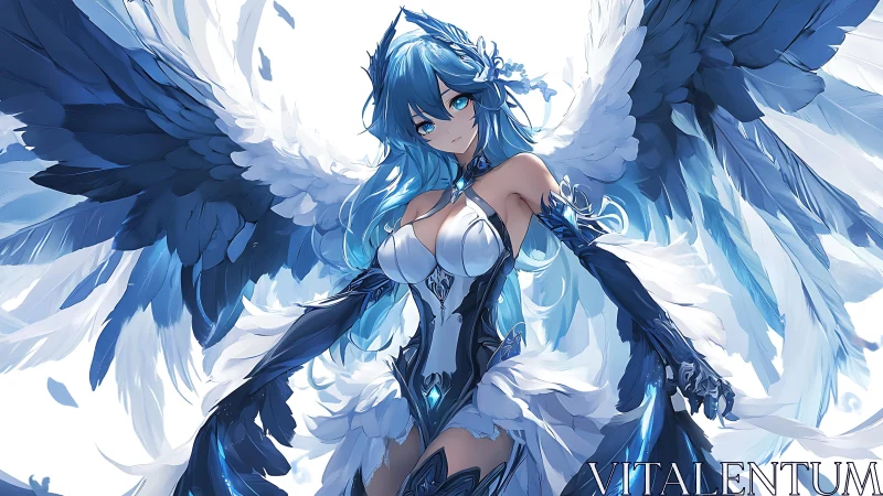 Celestial blue-winged guardian in luminous anime armor.