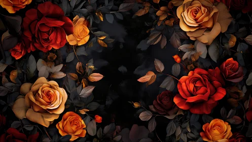 Red and Orange Roses on Dark Background with Foliage