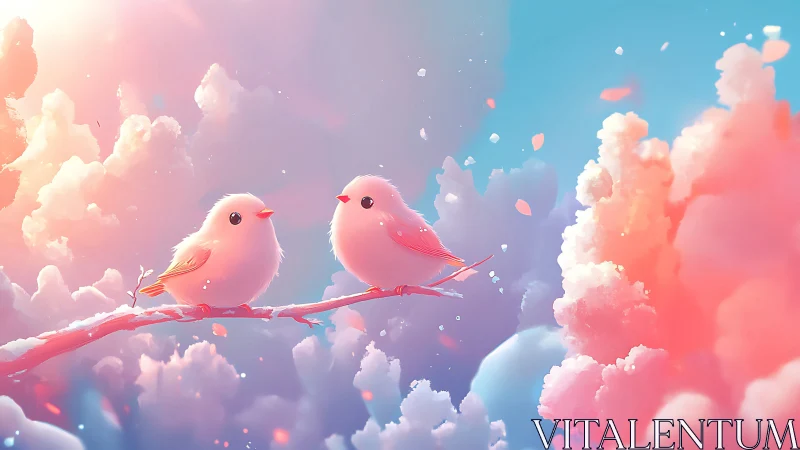 Pink Birds Perched on Branch Within Ethereal Cloud Realm.