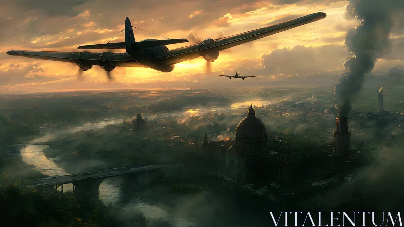 Golden-hour airships gliding above a misty twilight city.