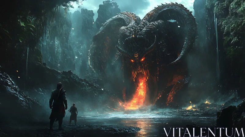 Brave adventurers face a fiery cavern dragon in the rain.