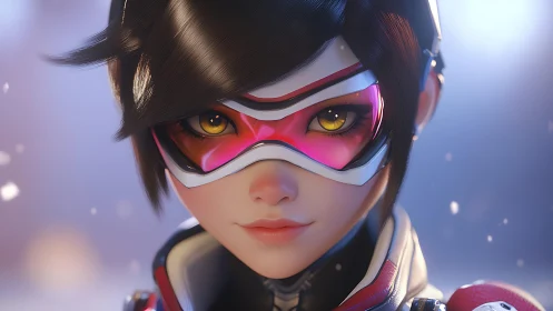 Close frontal view of stylized female character portrait.