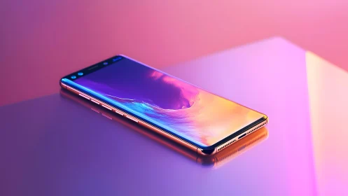Sleek modern smartphone with glowing display on pastel surface.
