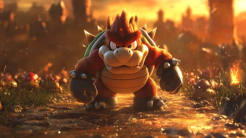 Fiery turtle warlord strides through molten battlefield at dusk.